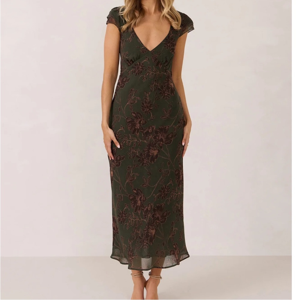 Park & Fifth Olive Green Maxi Dress with Brown Floral Print